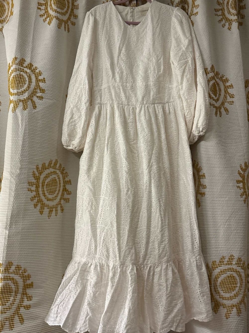 Veiled White Eyelet maxi Dress with Ruffle Hem